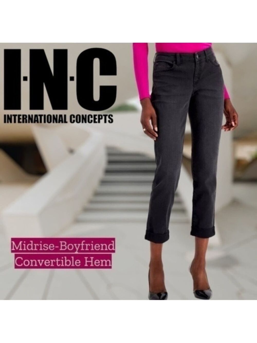 INC INTERNATIONAL CONCEPTS Black Mid-Rise Roll Hem Boyfriend Jeans/Sz 12 NWT